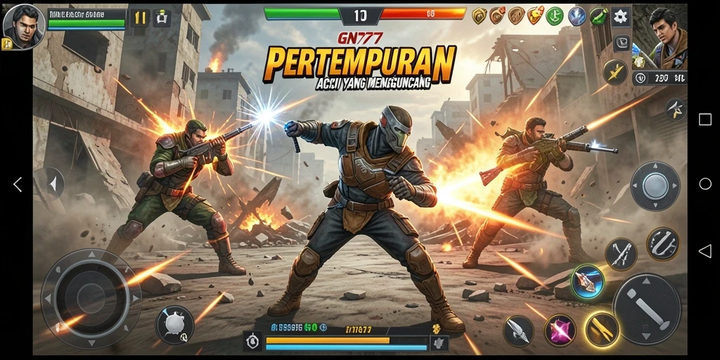 Tangkapan layar utama gameplay GN777 menunjukkan aksi mendebarkan di medan perang.