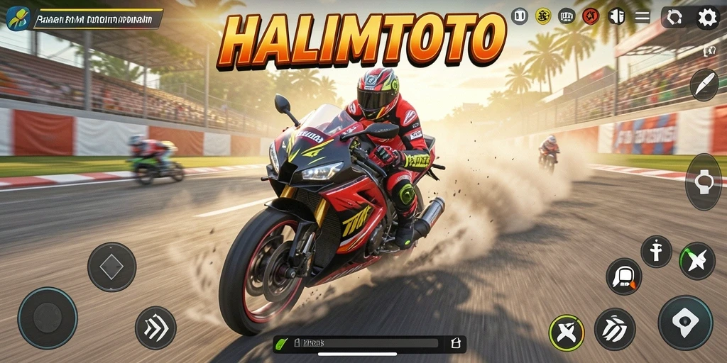Screenshot gameplay HALIMTOTO saat balapan motor di lintasan menantang.