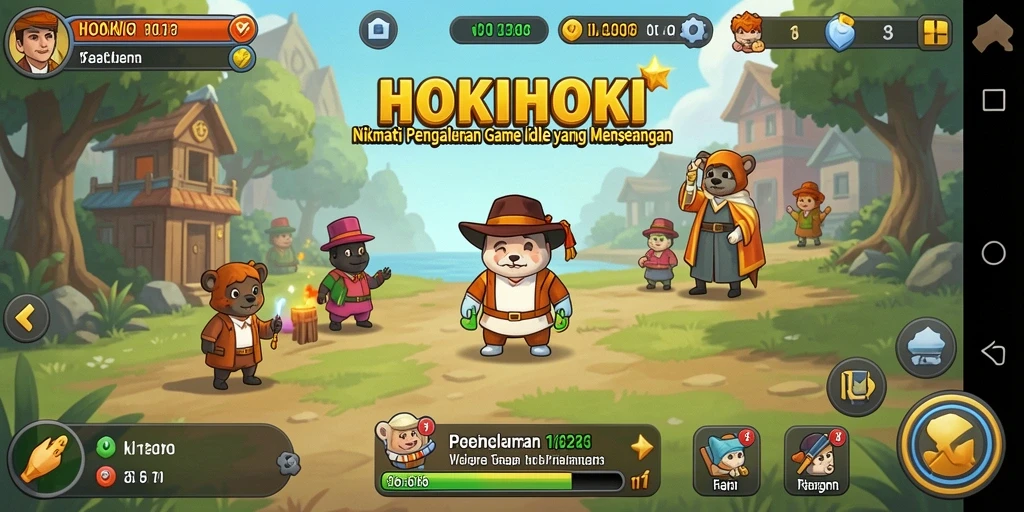 Screenshot gameplay HOKIHOKI dengan karakter aktif mengumpulkan sumber daya.
