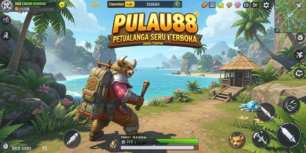 Screenshot gameplay PULAU88 menampilkan eksplorasi pulau yang menakjubkan.