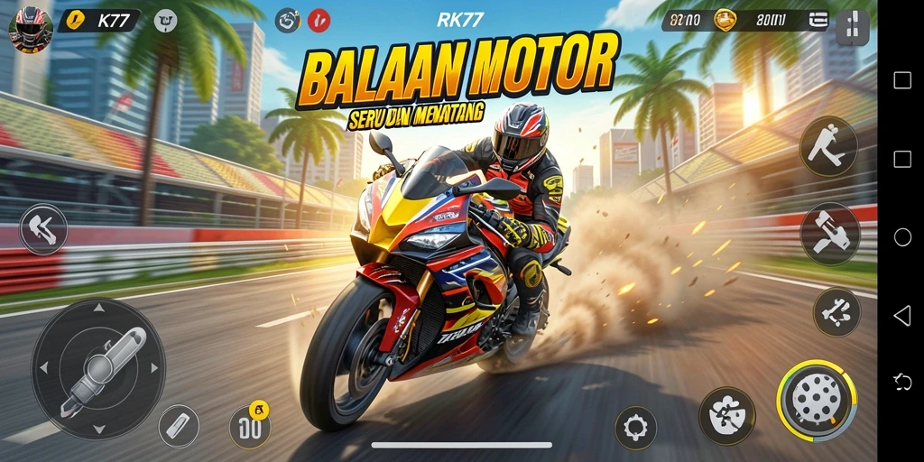 Screenshot menampilkan aksi balapan motor yang mendebarkan di RK77.