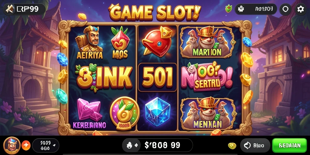 Screenshot gameplay RP99 menampilkan mesin slot yang penuh warna dan animasi menarik.